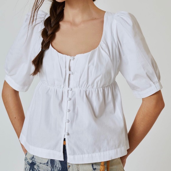 Anthropologie Tops - Anthropologie White Short Sleeve Scoop Neck Cotton Blouse Top Petite XXS PXXS